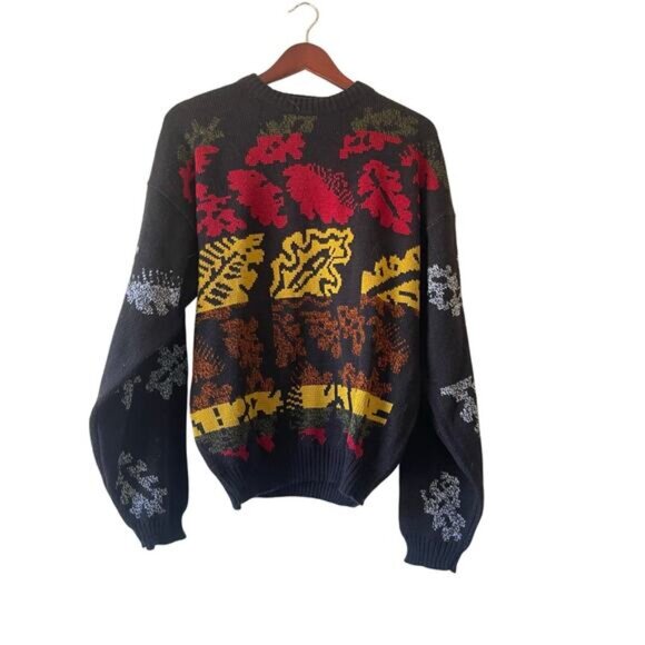 Vintage Sweaters - Vintage 80s‎ Abstract Leaf Graphic Knit Sweater Black Multicolor Size Medium